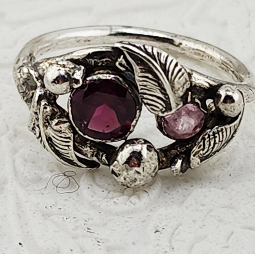 GARNET & PINK QUARTZ RINH HANDMADE ON RECYCLED STEELING SILVER SIZE 9
